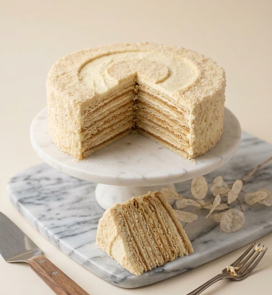 Torta Almendra Manjar partida: las finas capas de panqueque con la crema de almendras y el manjar entre ellas, y un trozo servido al lado