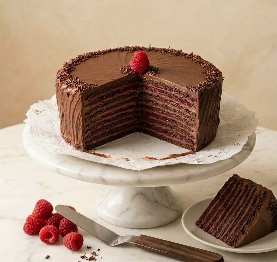 Torta Chocolate Frambuesa partida: las capas de panqueque de chocolate con la crema de frambuesa entre ellas