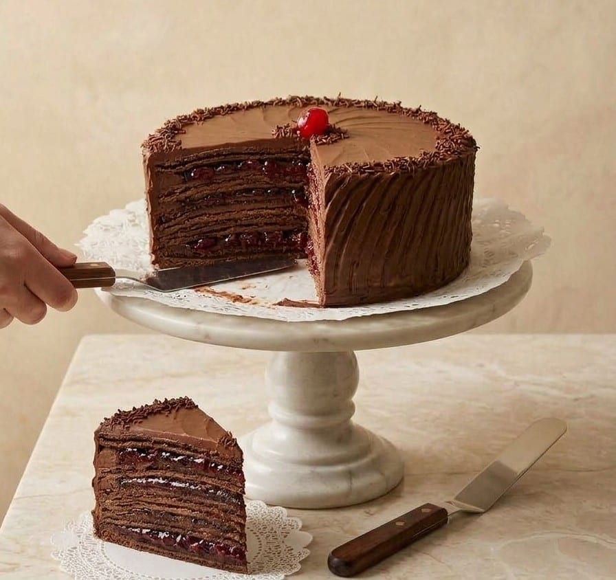 Torta Chocolate Guinda partida: capas de chocolate con guindas entre ellas y un trozo servido