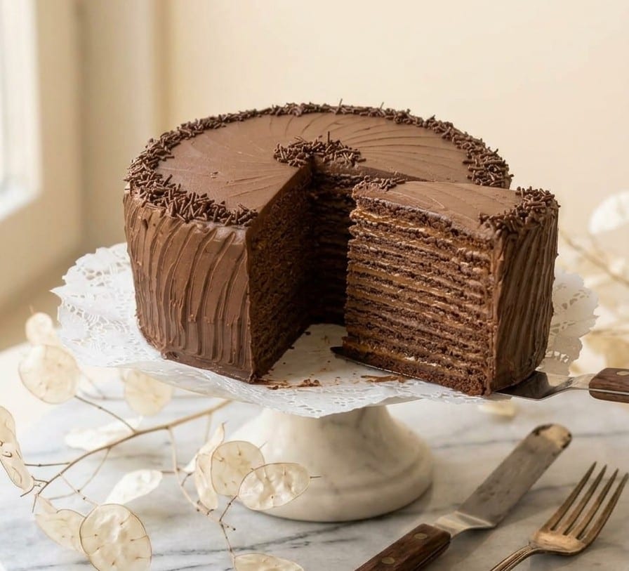 Torta Chocolate Manjar partida: las capas finas de panqueque de chocolate con el manjar entre ellas