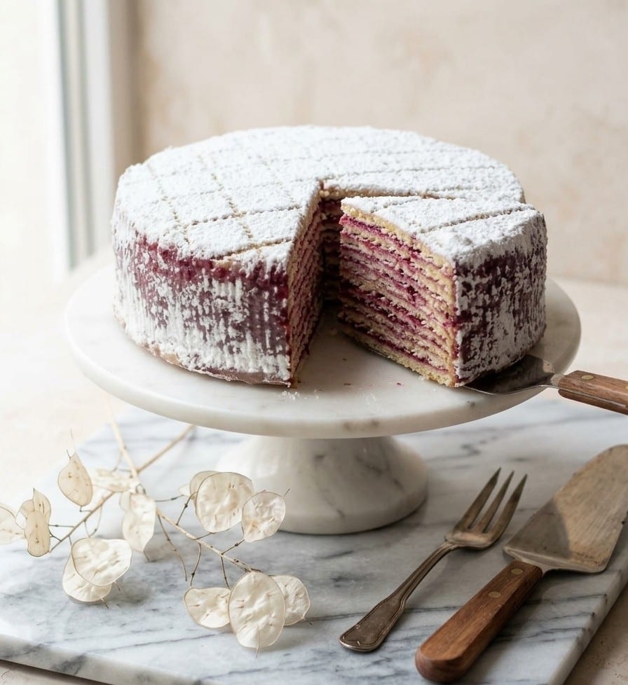 Torta de Frambuesa partida: las finas capas de panqueque con la crema de frambuesa entre ellas, y un trozo servido al lado