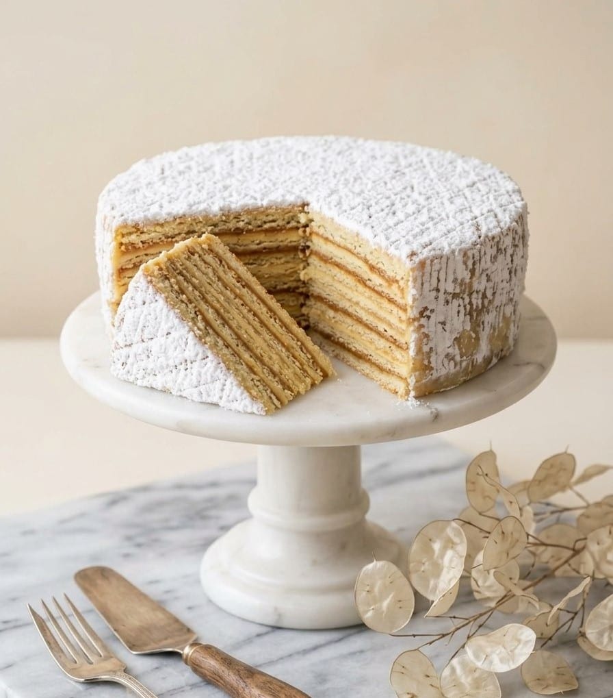 Torta Lúcuma Manjar partida: las finas capas de panqueque con la crema de lúcuma y el manjar entre ellas, y un trozo servido al lado
