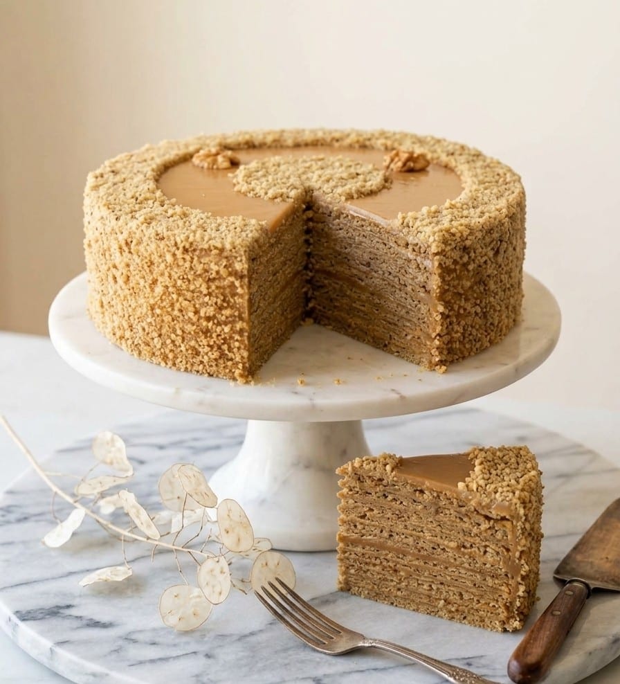 Torta Manjar Nuez partida: las finas capas de panqueque con el manjar entre ellas, y un trozo servido al lado
