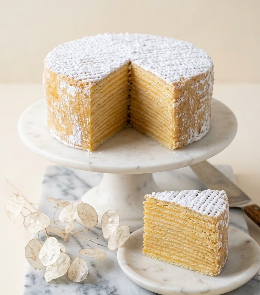 Torta de Naranja partida: las finas capas de panqueque con la crema de naranja entre ellas, y un trozo servido al lado