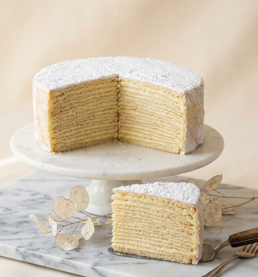 Torta de Piña partida: las finas capas de panqueque con la crema de piña entre ellas, y un trozo servido al lado
